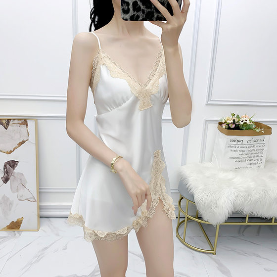 Suspended pajamas for women in spring and autumn, summer pajamas for women with chest pads, new spring silk backless sexy lace pajamas for women