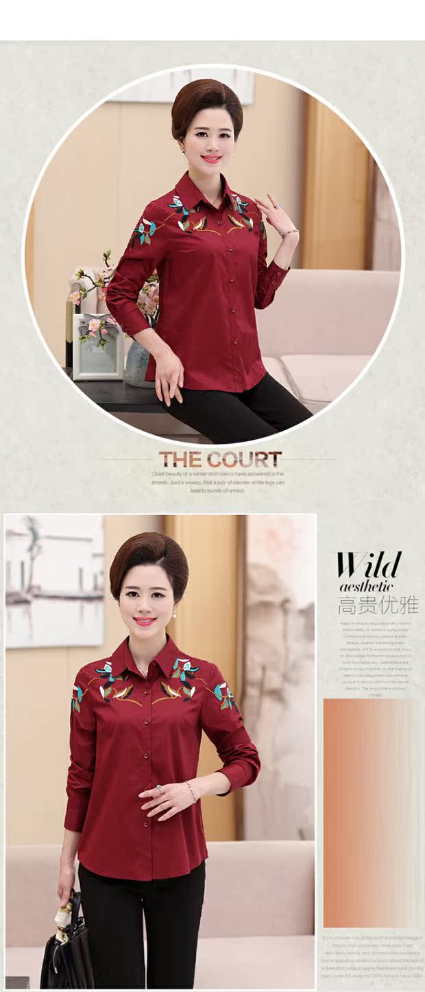 Áo sơ mi nữ trung niên 2019 xuân hè mới áo cotton thêu nữ áo dài tay áo sơ mi mẹ trung niên - Áo sơ mi dài tay sơ mi nữ dài tay đẹp