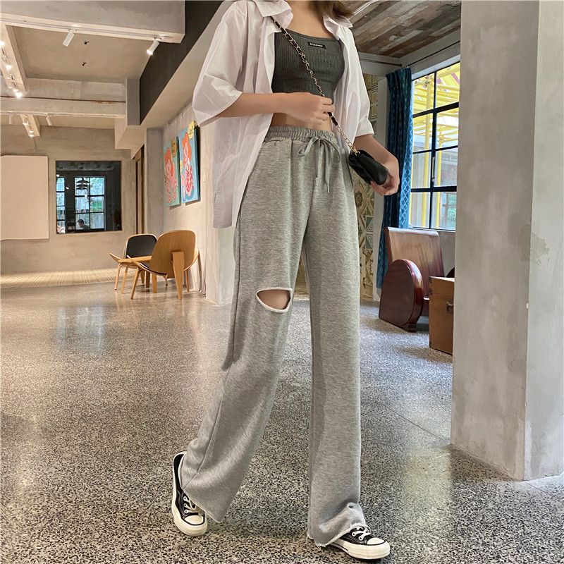 Gray Ripped Sweatpants for Women, Summer Thin High-Waisted Drapey Versatile Straight-Leg Casual Sports Wide-Leg Sun Protection Pants Trendy