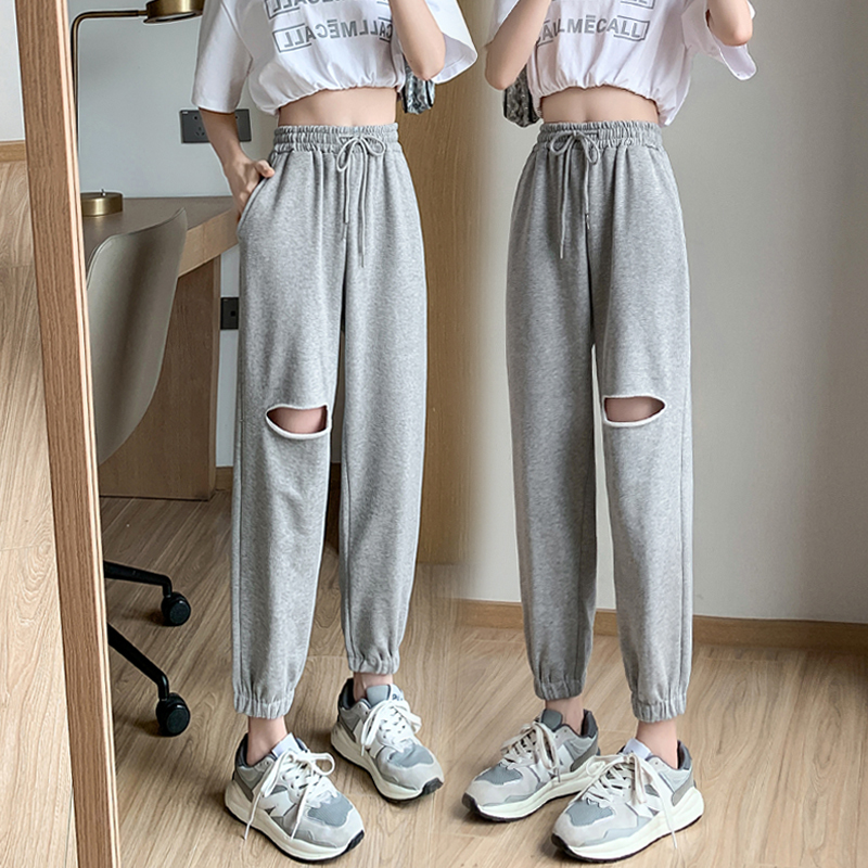 Gray Ripped Sweatpants for Women, Summer 2025, Thin, High-Waisted, Slimming, Petite, Jogger, Harem, Casual Sweatpants