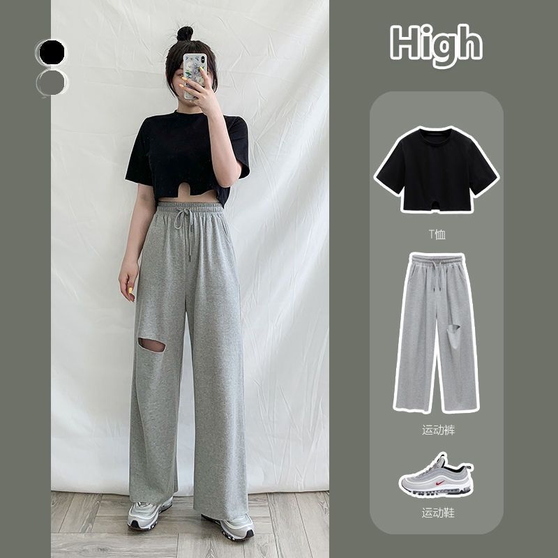 Plus-Size Women's Gray Wide-Leg Pants for Spring and Summer, High-Waisted, Drapey, Slimming, Ripped, Loose, Straight-Leg, Sporty Casual Sweatpants