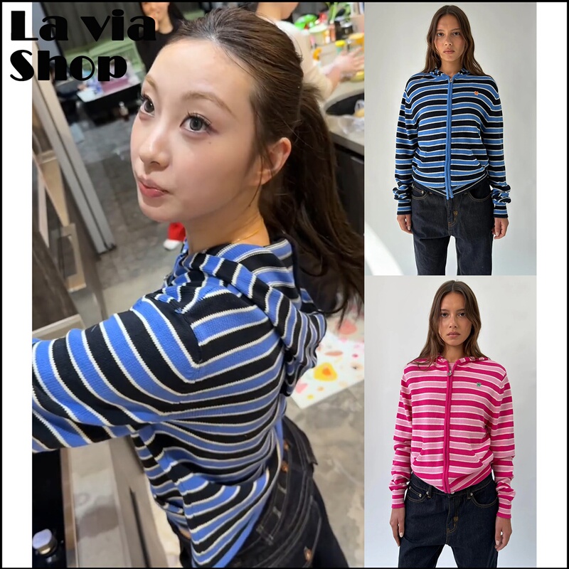 【La Via】Authentic Urban Sophistication Zhang Zhan Same Style Striped Hooded Sweatshirt Cardigan for Women