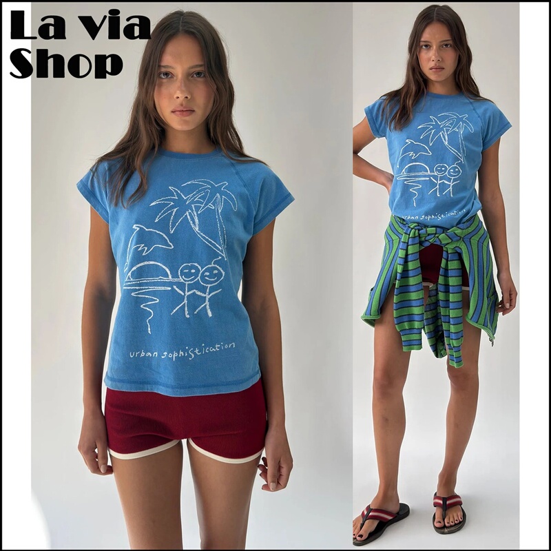 【La Via】Authentic Urban Sophistication Stick Figure Blue T-Shirt Top Casual Pants