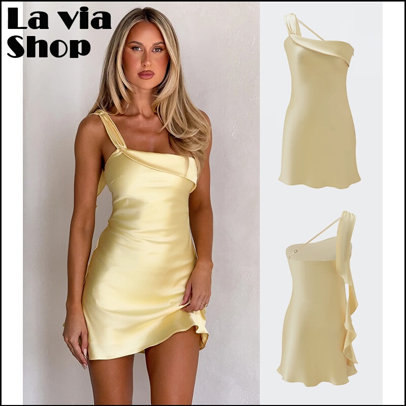 【La Via】Buyer's Store Genuine Tiger Mist Satin Off-Shoulder Ribbon Slim-Fit Tube Top Mini Dress