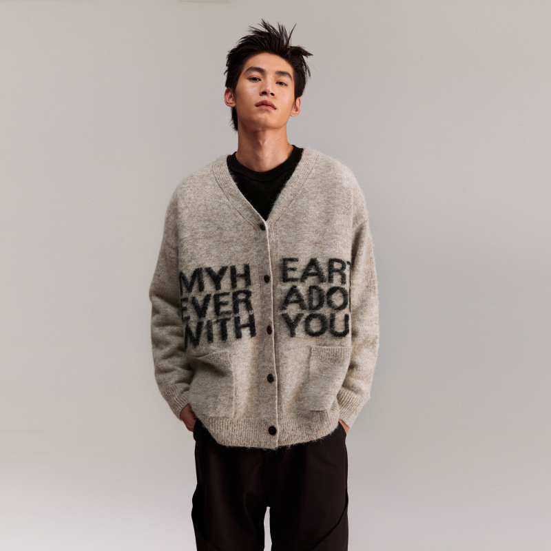 Wang Lujie's Same Style Coldstone Autumn and Winter High-End Letter Print Lazy Soft Sweater Retro Knit Cardigan for Men and Women