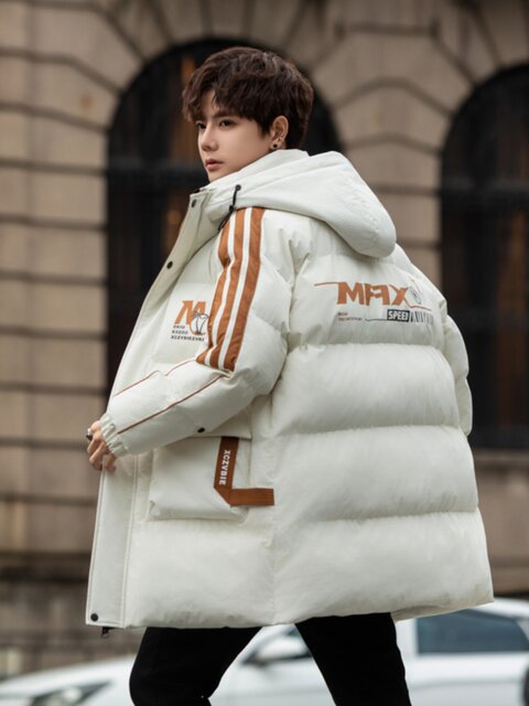 Mid-length cotton-padded jacket for men in winter, junior and high school students' down-padded jacket, boy's hooded thickened cotton-padded jacket for teenagers