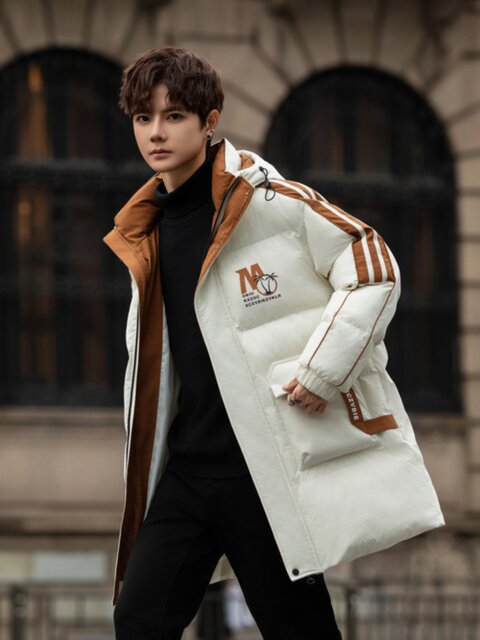 Mid-length cotton-padded jacket for men in winter, junior and high school students' down-padded jacket, boy's hooded thickened cotton-padded jacket for teenagers