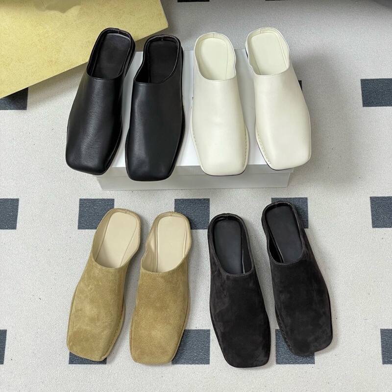 Tts 26 New Style Genuine Leather Closed-Toe Mules Minimalist Suede Casual Flat Slippers for Women