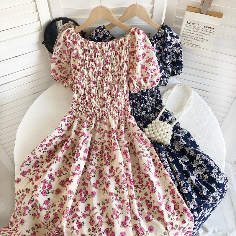 2022 Spring and Summer New Vintage Resort Style Off-Shoulder Floral Short-Sleeve Waist-Slimming Mid-Length Dress for Women