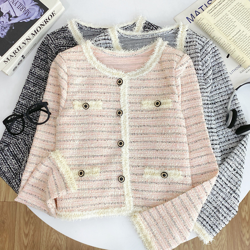Chanel-Style Round-Neck Color-Block Long-Sleeve Tweed Loose Single-Breasted Frayed Short Coat for Women, Autumn and Winter Chanel-Style Round-Neck Color-Block Long-Sleeve Tweed Loose Single-Breasted Frayed Short Coat for Women, Autumn and Winter
