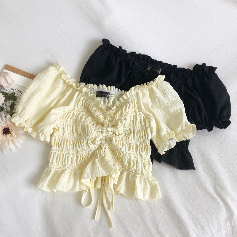 2020 Summer New Cute Style Off-Shoulder Puff Short-Sleeve Drawstring Ruched Short Shirt Top for Women