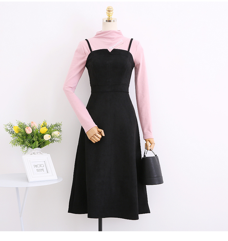Thu đông 2017 phiên bản Hàn Quốc mới cổ điển hoang dã retro cổ chữ V nhỏ da lộn cao eo trong chiếc váy dài váy xòe xếp ly eo	