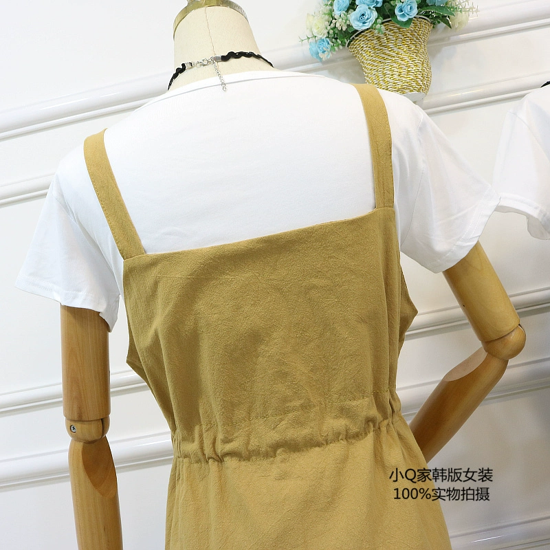 Mùa hè 2017 phiên bản Hàn Quốc mới của dây đeo cổ chữ V eo cao đã mỏng mảnh ngực dài và áo hai dây bằng vải lanh 	váy hạ eo xếp ly	