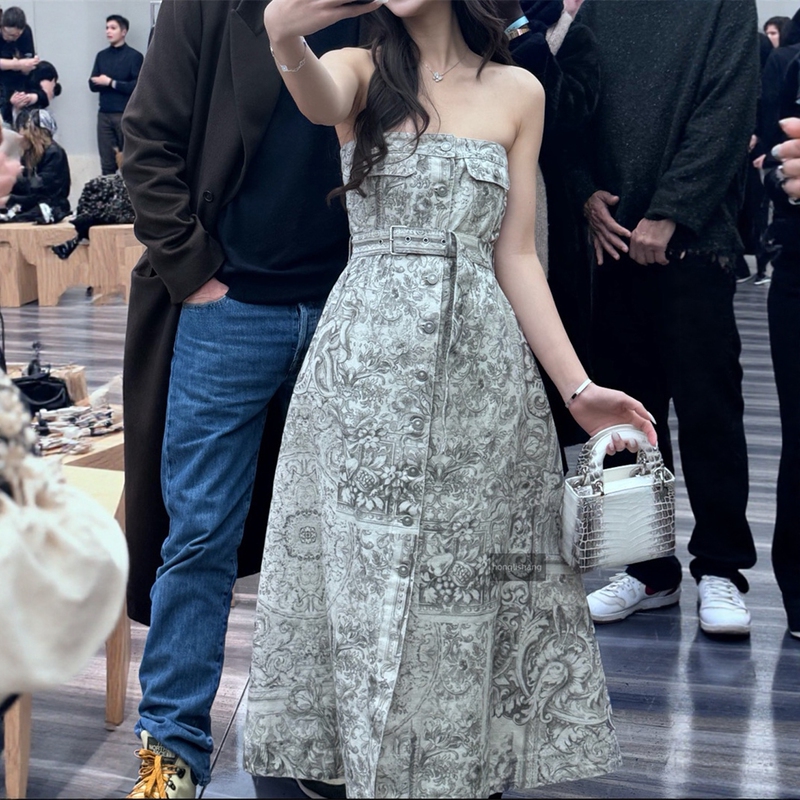 Honglishang European and American Fashion Street Retro Artistic Casual Slimming Printed Denim Tube Top Dress Trendy Honglishang European and American Fashion Street Retro Artistic Casual Slimming Printed Denim Tube Top Dress Trendy