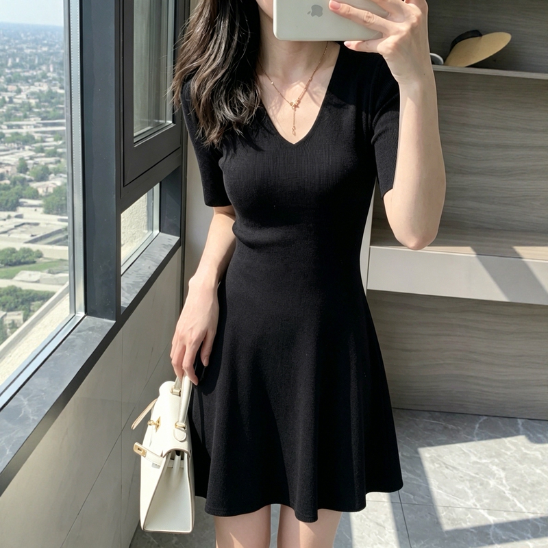 Black V-Neck Dress for Women, Mid-Sleeve, Slim Fit, Waist-Cinching, Slimming, Petite A-Line Short Dress, Elegant Little Black Dress for Summer Black V-Neck Dress for Women, Mid-Sleeve, Slim Fit, Waist-Cinching, Slimming, Petite A-Line Short Dress, Elegant Little Black Dress for Summer