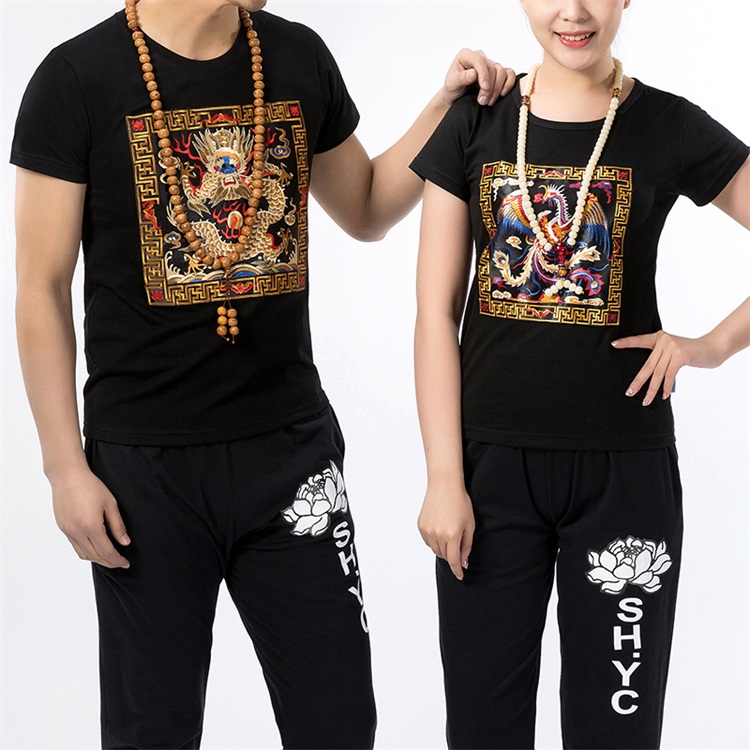 Trung quốc phong cách robes thêu ngắn tay t-shirt nam giới và phụ nữ Triều Đại Nhà Thanh quần áo chính thức cotton vòng cổ lỏng kích thước lớn vài nửa tay áo triều