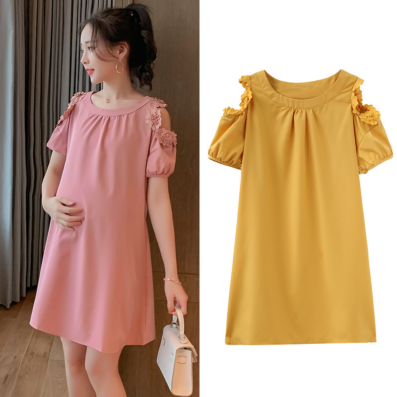 Maternity dress Small size fashion foreign atmosphere pregnant woman summer fashion hot mom medium length loose thin off-the-shoulder A-line skirt
