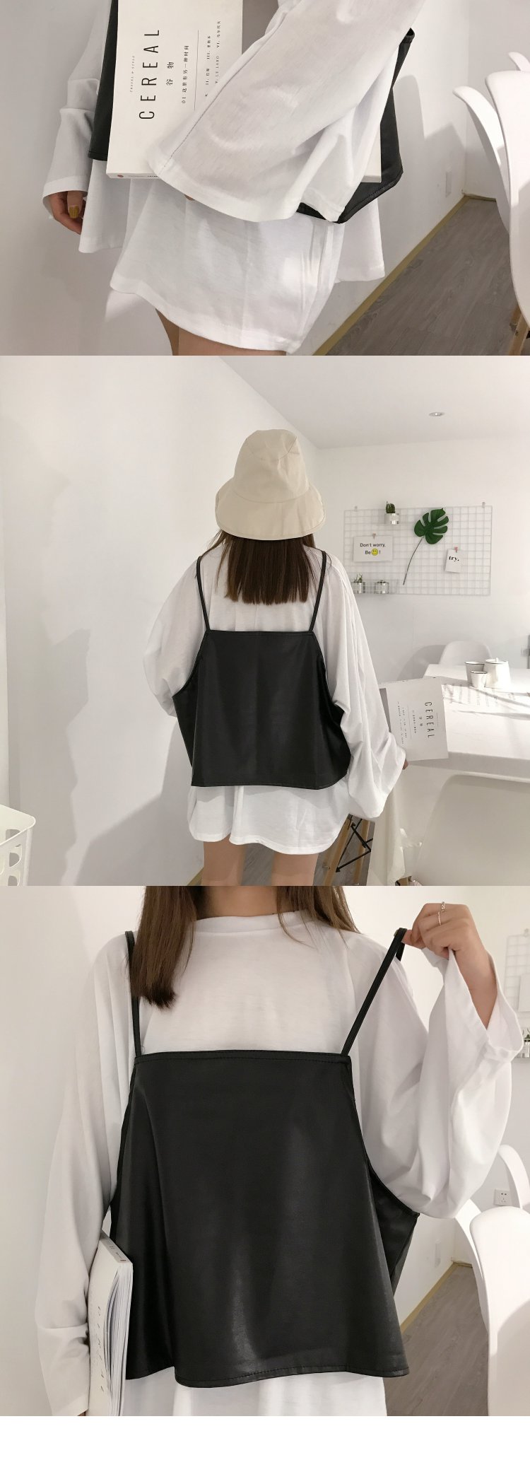 Hong Kong-phong cách retro chic phong cách thời trang hoang dã lỏng rộng tay trắng T-Shirt + Hàn Quốc da treo vest hai mảnh phù hợp với áo thu đông dài tay nữ
