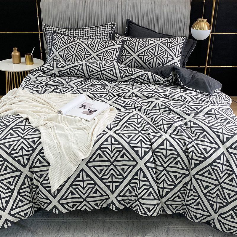 Houndstooth naked sleeping Tianzhu cotton jacquard four-piece set of cotton thickened knitted quilt cover sheets simple bedding