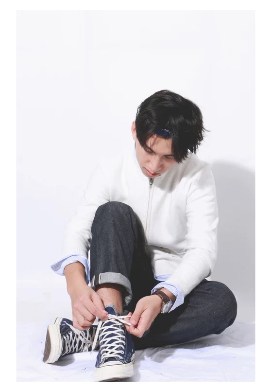 SmallTown 17FW Màu rắn hoang dã Áo len pha trộn Áo len nam Zip Áo len cardigan