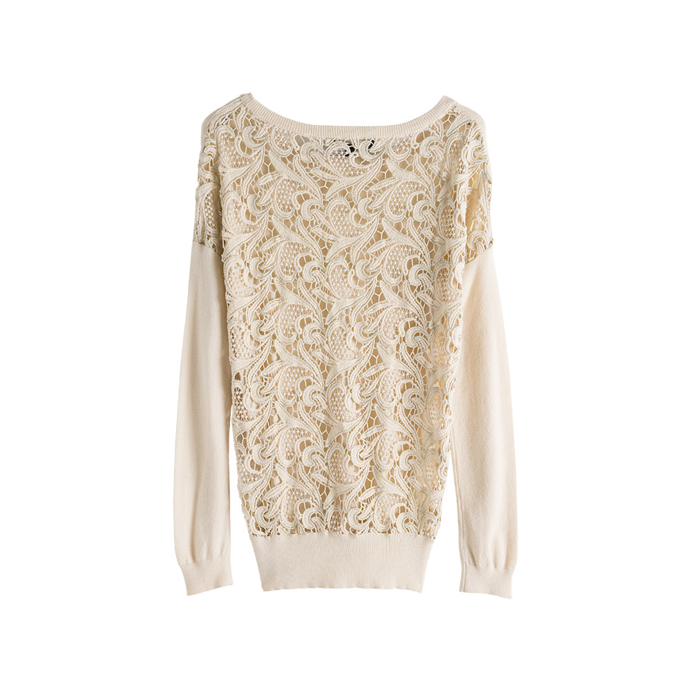 Back crocheted hollow ladies stitching long-sleeved spring and autumn knitted blouse bottoming shirt 300G