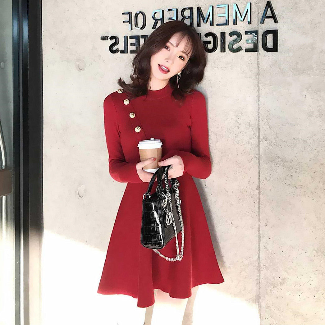 sandro moskoloni red knit foreign dress new fall sweet and swarm with a thin bottom inner lap dress