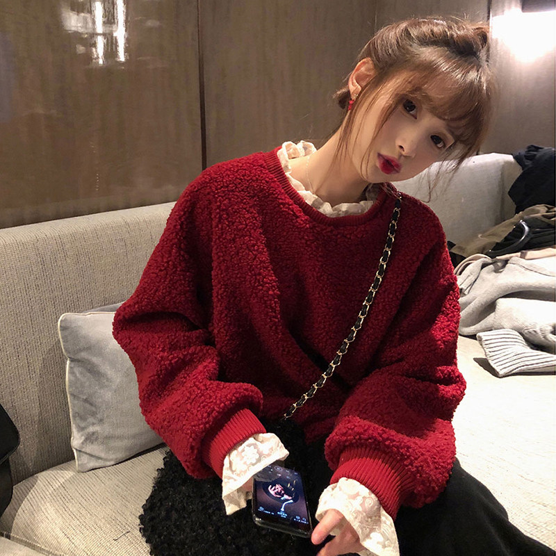 sandro moskoloni fake two pieces of lamb sweater female loose display slim Korean version Lazy Wind Jacket