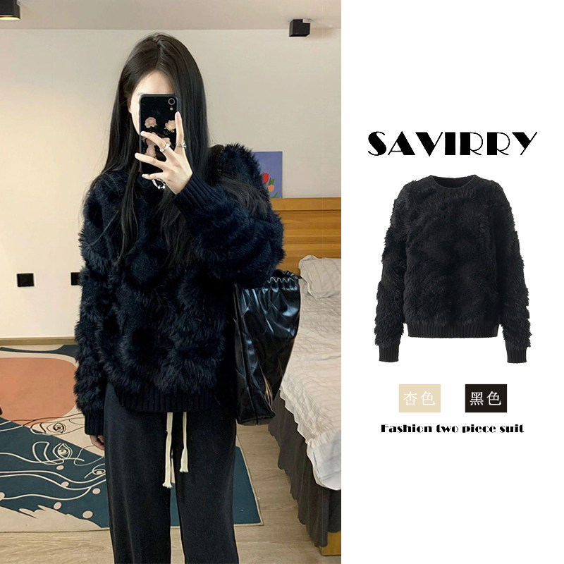 Lily Most lazy wind black sweater wears a loose lean mink soft glutinous knitting tide