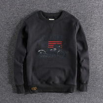 Retro Motorcycle Printed Plus Suede Warm Wai Clothing Mens Winter Trend Casual Youth Gloves Round Collar Blouses