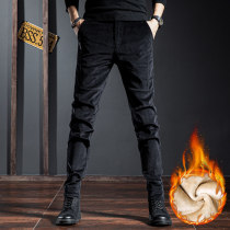 Tide brand 2021 autumn and winter corduroy casual pants mens trend Korean slim Sports Plus velvet padded small feet trousers