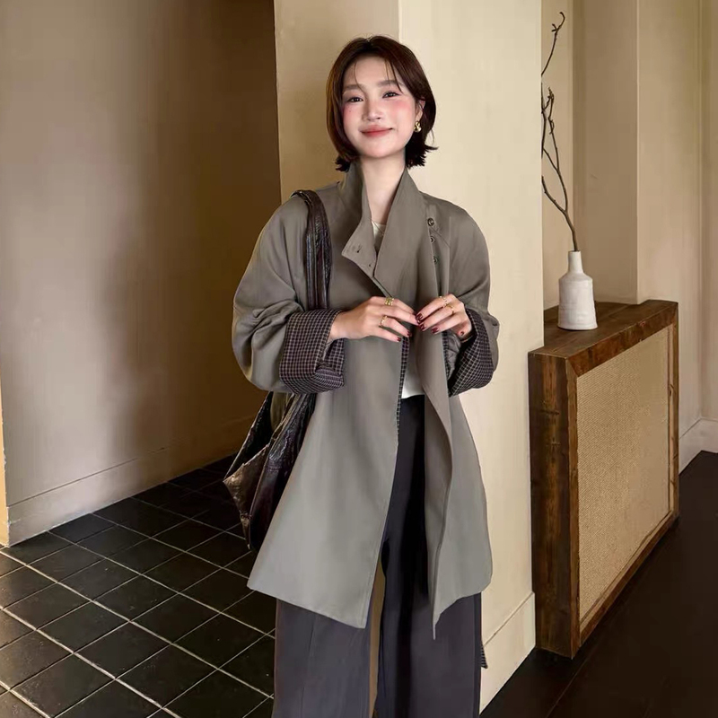 Autumn New Style Ivy Korean-Style Stand-Collar Plaid Color-Blocking Loose Casual Trench Coat (with Belt) 83886