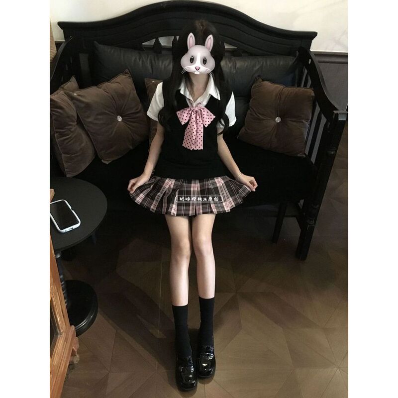Pink Mist Sea Japanese Style Jk Uniform Plaid Skirt Vest Knitted Sweater Women's Summer Authentic Original Pleated Skirt Set