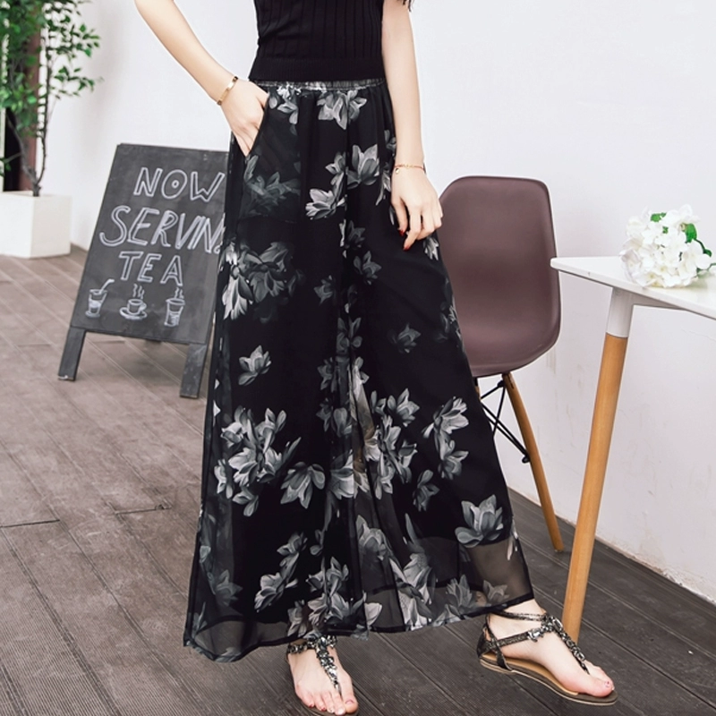 Voan in quần ống rộng của phụ nữ cạp cao xếp nếp đi biển chín điểm hakama mùa xuân và mùa hè quần váy liền thân mỏng phong cách hàn quốc - Váy eo cao