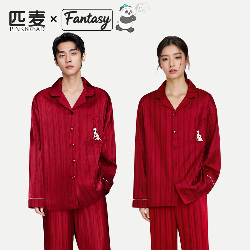 Pinkbread【Spotted Dog】Couple's Pajamas Red Ice Silk Long Sleeve Can Be Worn Outside Homewear Spring and Summer