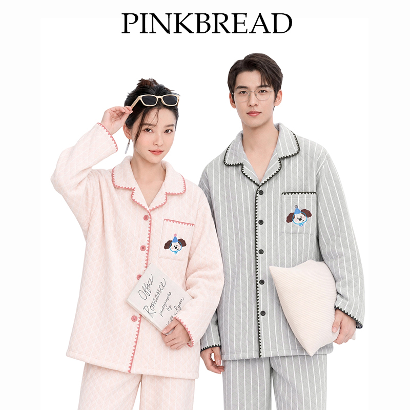 Pimai Couple's Pajamas, Long-Sleeved, Autumn and Winter Style, Three-Layer Quilted, Thickened, Men's Cardigan, Women's Can Be Worn Outside, Home Wear Set