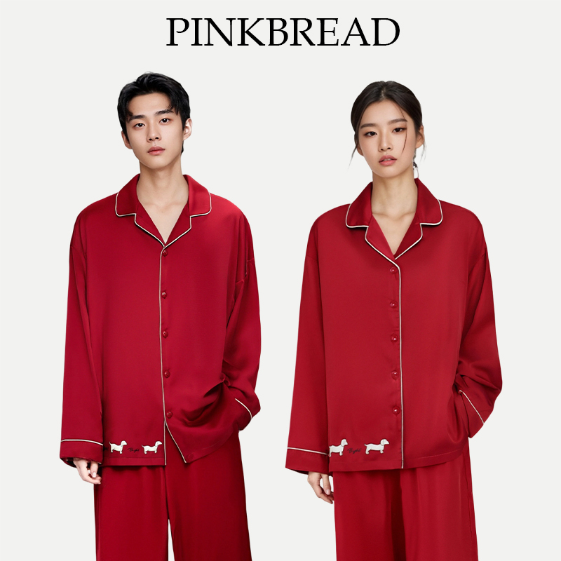 Pinkbread【Joyful Puppy】Couple Pajamas Red Ice Silk Cartoon Design Can Be Worn Outside Homewear for Spring and Autumn