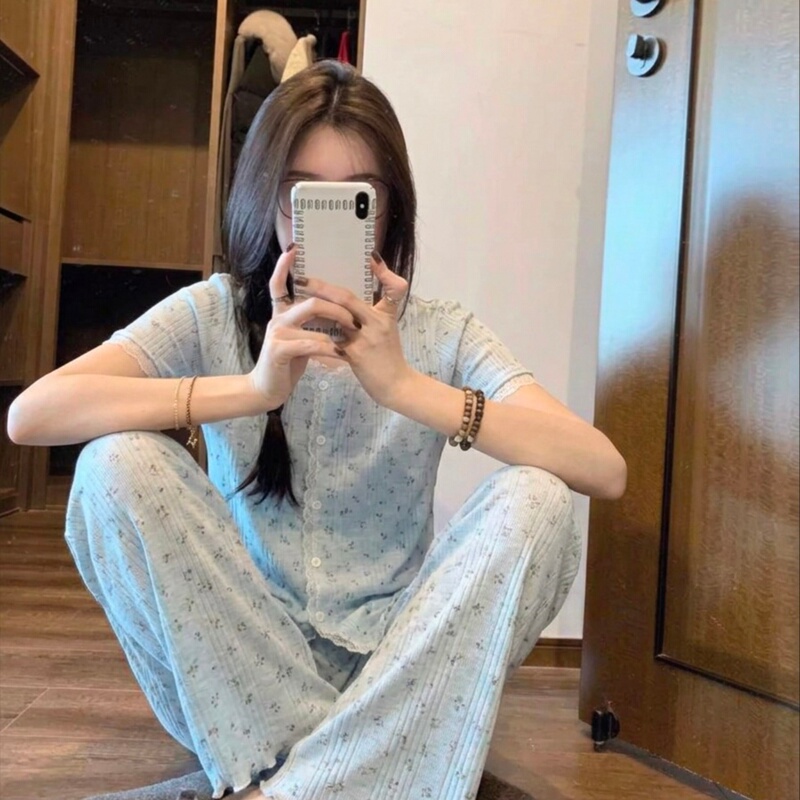 Japanese Gp&Jp Korean-Style Retro Blue Floral Round-Neck Short-Sleeve Pajamas for Women, Summer Long Pants Loungewear Set