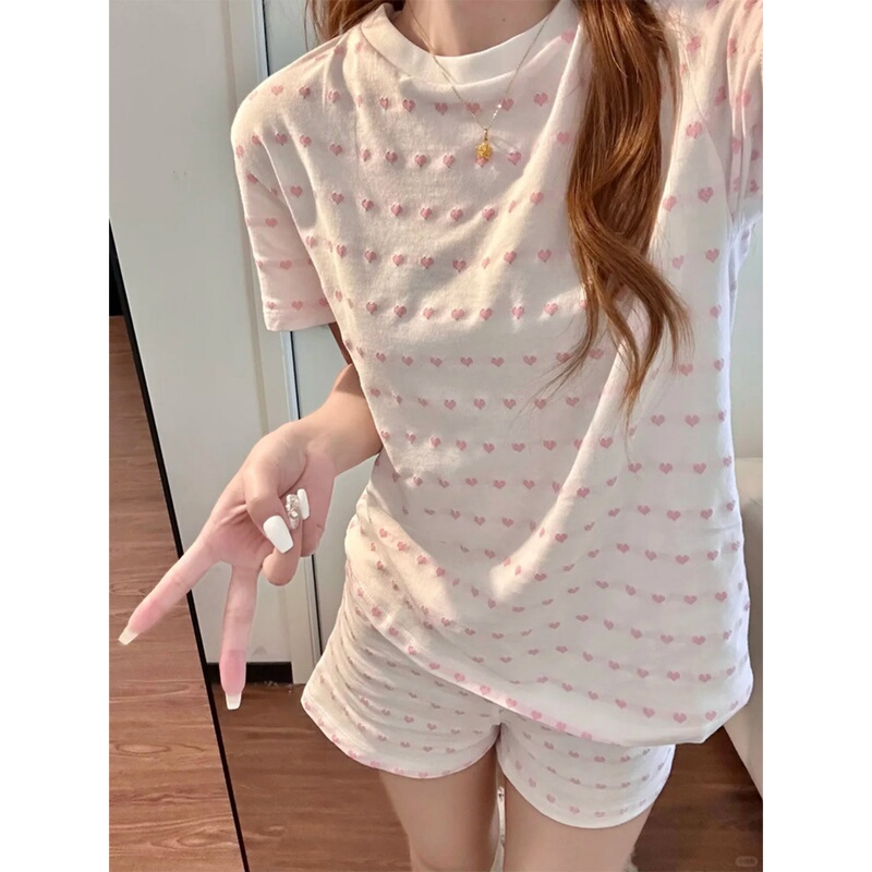 Japanese Gp&Jp Summer Cute and Sweet Heart Print Pajamas for Women, Short-Sleeved Shorts Home Wear Two-Piece Set That Can Be Worn Outside