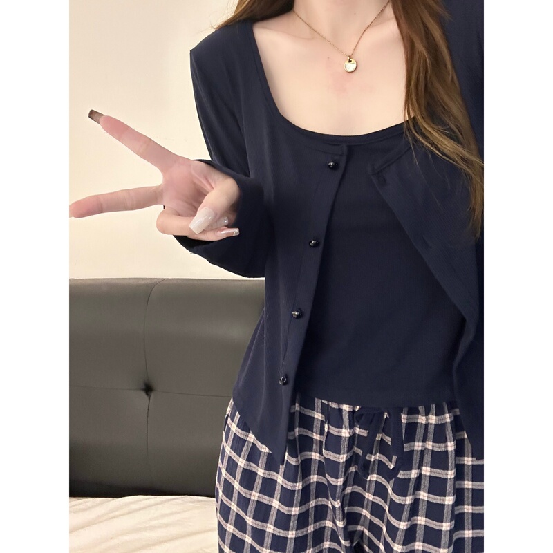 Japanese Gp&Jp Korean-Style Simple Plaid Camisole Pajamas with Chest Pads for Women, Spring Casual Home Three-Piece Set