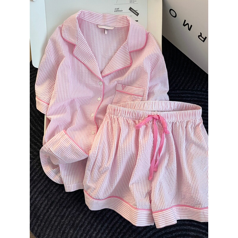 Japan Gp&Jp Pink Striped Ins-Style Cardigan Pajamas 2026 Summer Women's Short-Sleeve Shorts Loungewear Set Japan Gp&Jp Pink Striped Ins-Style Cardigan Pajamas 2026 Summer Women's Short-Sleeve Shorts Loungewear Set