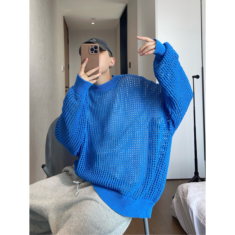 Dannyandzee Spring Vintage Loose Electric Blue Hollow-Out Thin Round-Neck Pullover Knitted Sweater for Men ins