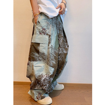 Dannyandzee Spring Vintage Versatile Full Floral Graffiti Painted Large Pocket Wide-Leg Cargo Pants Men's Long Pants