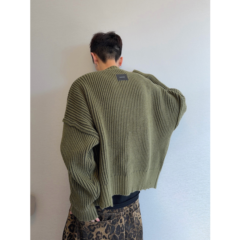 Dannyandzee Autumn and Winter Retro Loose Green Color-Blocked Vertical Striped Double-Breasted Ripped Sweater Jacket for Men ins Dannyandzee Autumn and Winter Retro Loose Green Color-Blocked Vertical Striped Double-Breasted Ripped Sweater Jacket for Men ins
