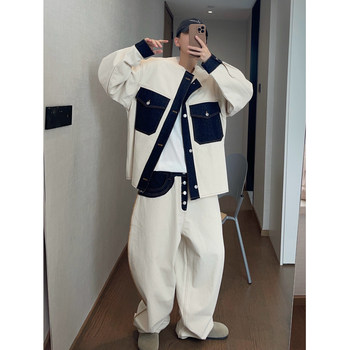 Dannyandzee Spring Vintage Off-White Patchwork Denim Button-Down Raw Hem Collarless Pocket Jacket for Men