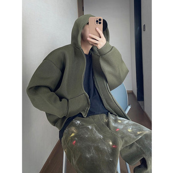 Dannyandzee Spring Vintage Hollow-Out Three-Dimensional Mesh Solid Color Versatile Loose Short Hooded Sweatshirt for Men ins