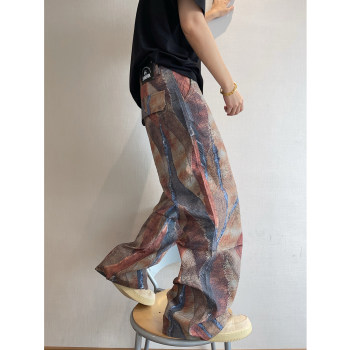 Dannyandzee Spring Vintage Cool Pleated Patchwork Digital Print Straight Casual Pants Men's Long Pants ins