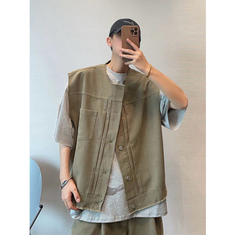 Dannyandzee Summer Retro All-Match Heavy Wash Army Green Raw Edge Collarless Work Vest for Men ins