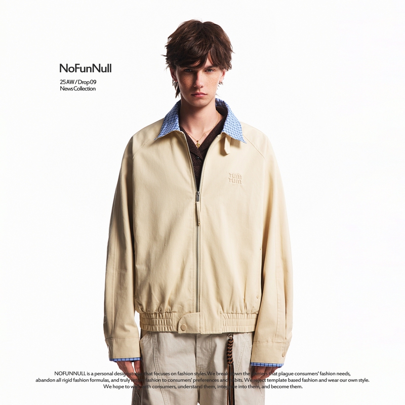 Nofunnull Spring American-Style Cleanfit Plaid Patchwork Lapel Jacket for Men and Women Harrington Short Jacket