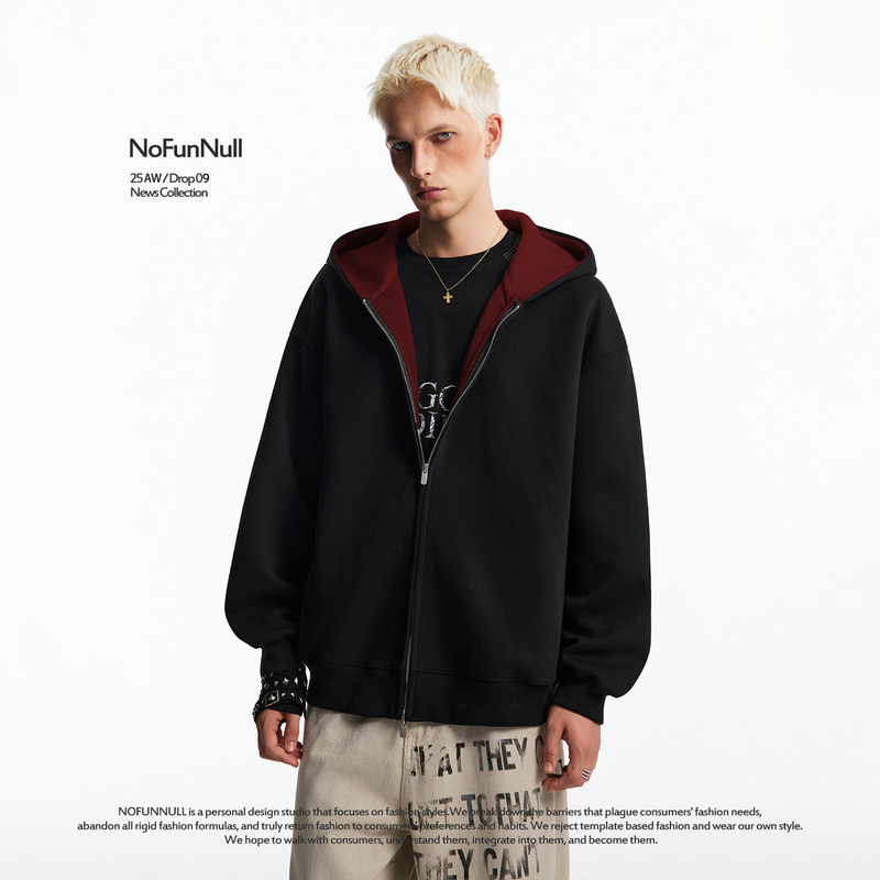Nofunnull 460g Heavyweight Double-Layer Cotton Two-Tone Cardigan Hooded Sweatshirt Unisex American Style Double Zipper Jacket