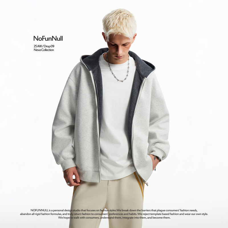 Nofunnull 460g Heavyweight Silhouette Two-Tone American-Style Cardigan Hooded Sweatshirt Unisex Double Zipper Jacket Hoodie
